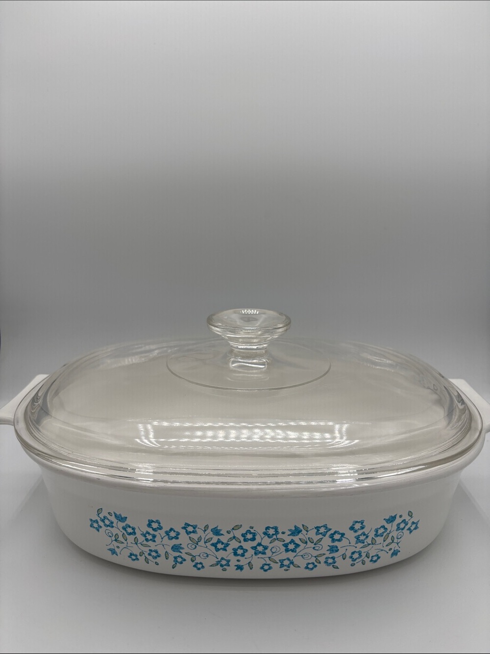 Vintage Corningware Blue Heather Casserole with Blue Floral Band and Glass Lid